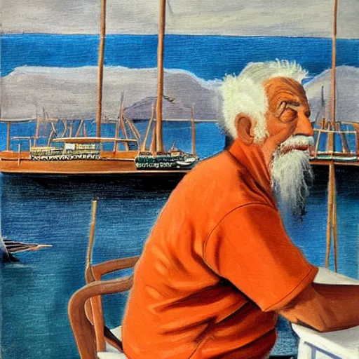 Prompt: painting by salvador dali of a senior caucasian man wearing an orange and black tshirt with white sleaves, sitting on a deck with his back turned near the harbor, boats and water. it i a beautiful summer day