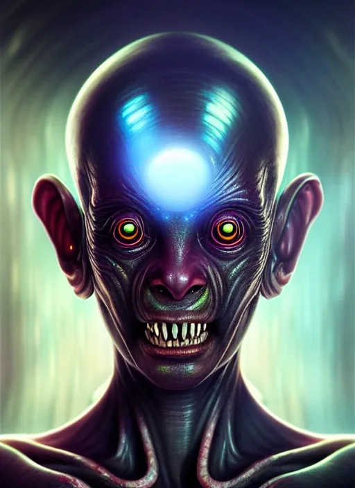 Prompt: portrait of a space alien, varying detailed skin, octane render, piercing glowing eyes, realistic render, detailed, ugly, slimy unreal engine, symmetrical!!, art by artgerm, rossdraws, art by karol bak, makeup, cinematic