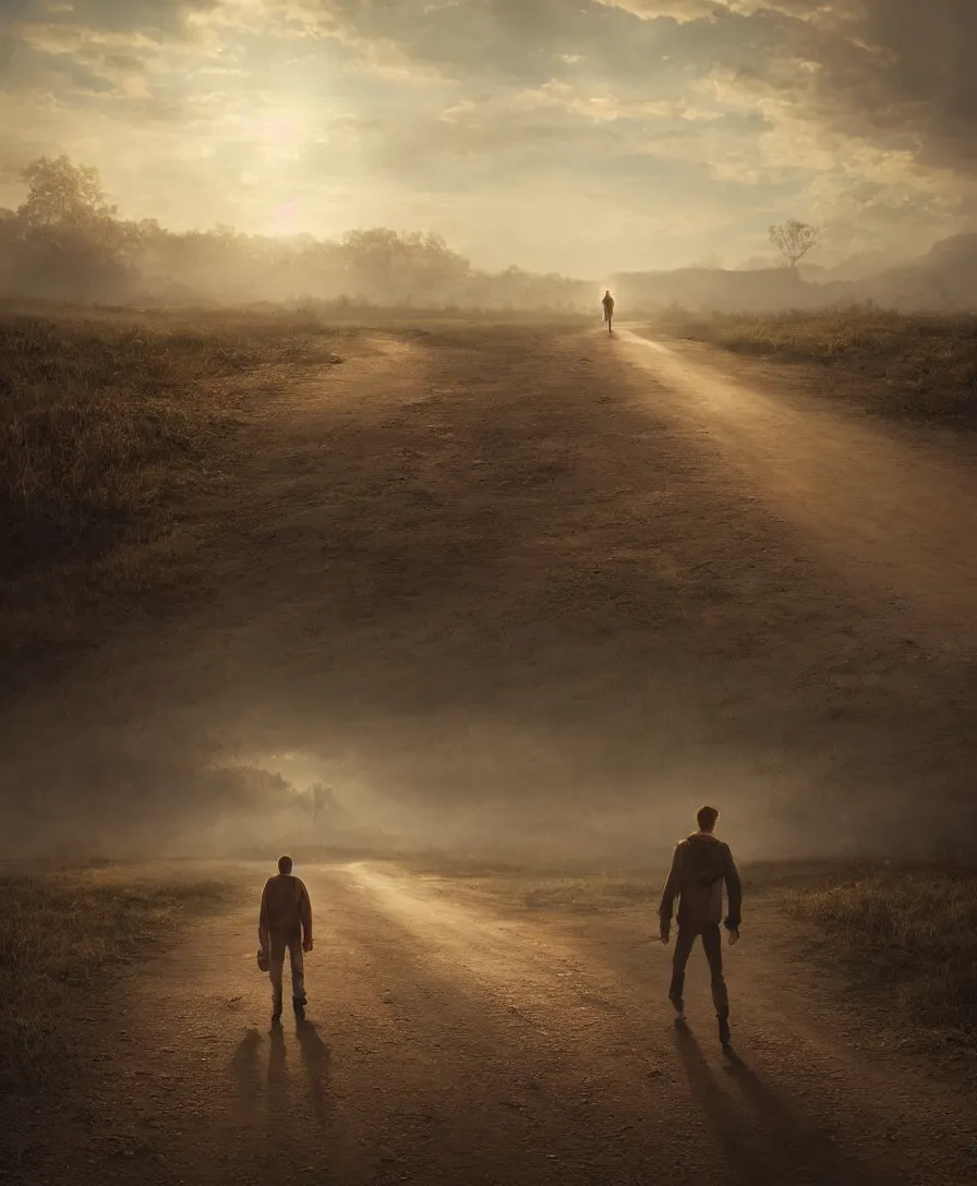 Prompt: hyper realistic lonely guy walking on a long dirt road, wide angle, illustrated by greg rutkowski, beautiful volumetric lighting, intricate, ultra detailed, photorealistic, trending on artstation, octane render, 8 k