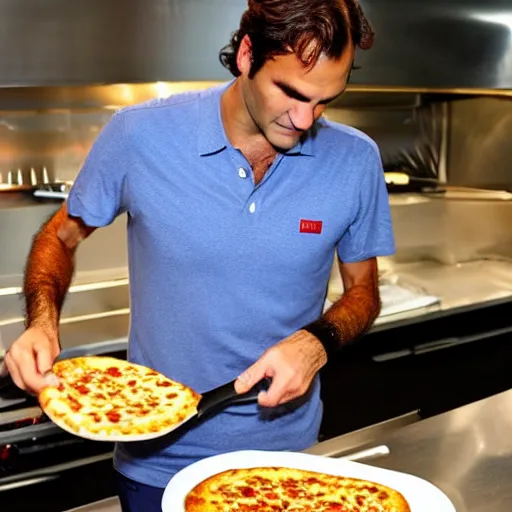 Prompt: Roger Federer cooking a pizza