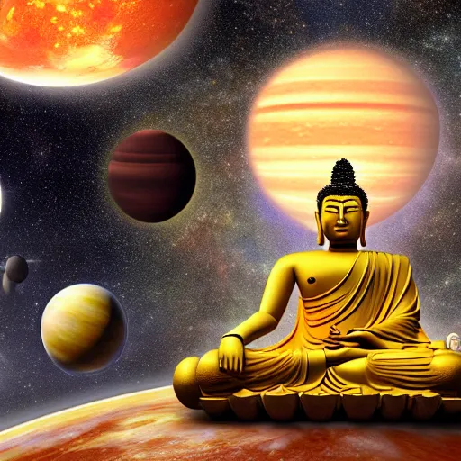 Image similar to giant Buddha floating among the planets in the solar system, oil on canvas, intricate, 8k highly professionally detailed, HDR, CGsociety