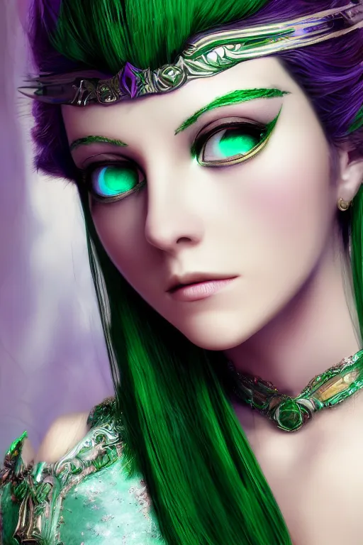 Image similar to gorgeous attractive portrait of morgiana from magi : the labyrinth of magic, photorealistic portrait, vaporwave effect, porcelain skin, smooth, beautiful volumetric lighting, emerald eyes, trending on artstation, 8 k, 4 k