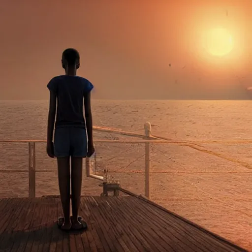 Prompt: A 14-year-old Sudanese girl, standing on the end of a pier in Indonesia, watching Mars appear above the setting sun, low angle, beautiful digital art by Greg Rutkowski