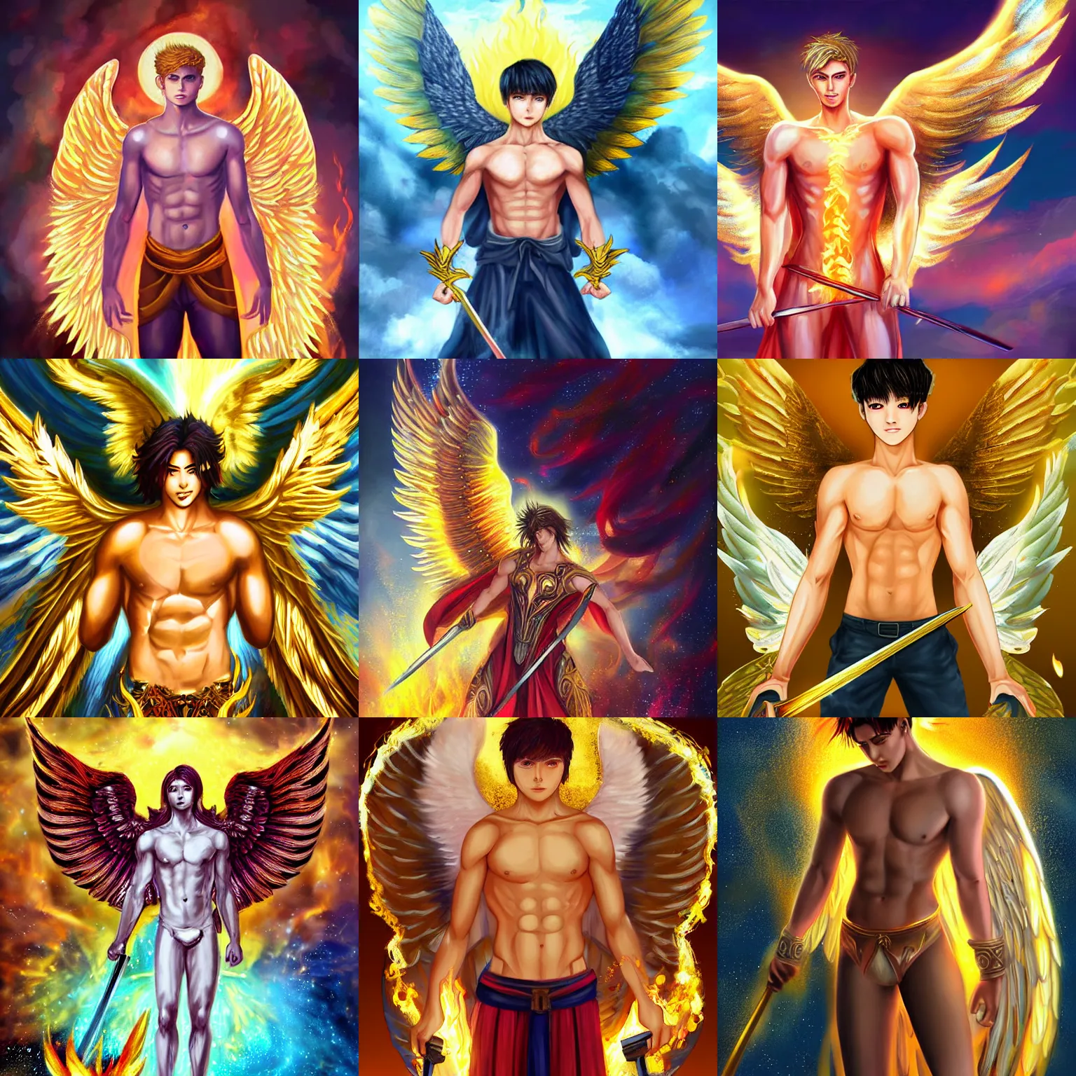 Prompt: glorious beautiful painting of male angel with flaming sword and golden wings, heavenly background and radiant light, chiseled abs, art by Sakimichan, glitter