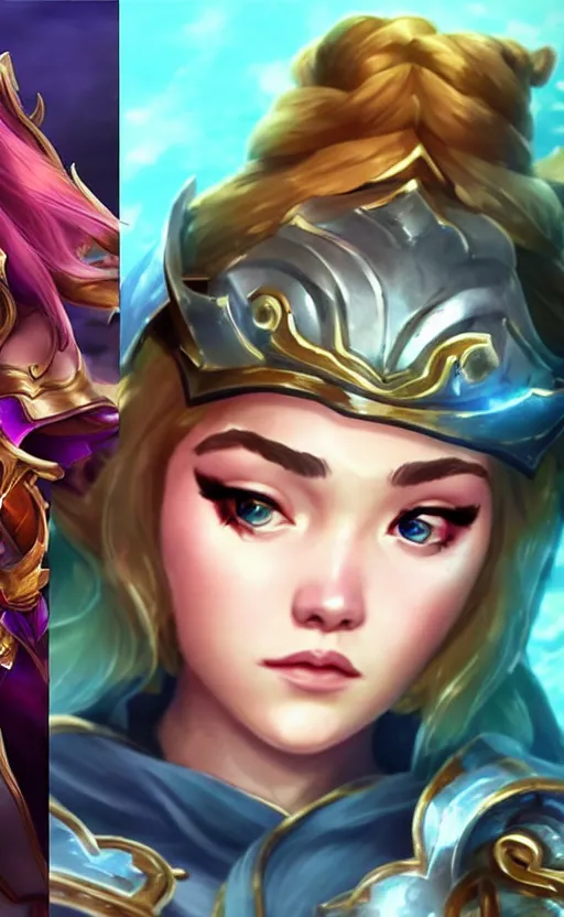 Prompt: Florence Pugh as a character in the game League of Legends, with a background based on the game League of Legends, detailed face, old 3d graphics