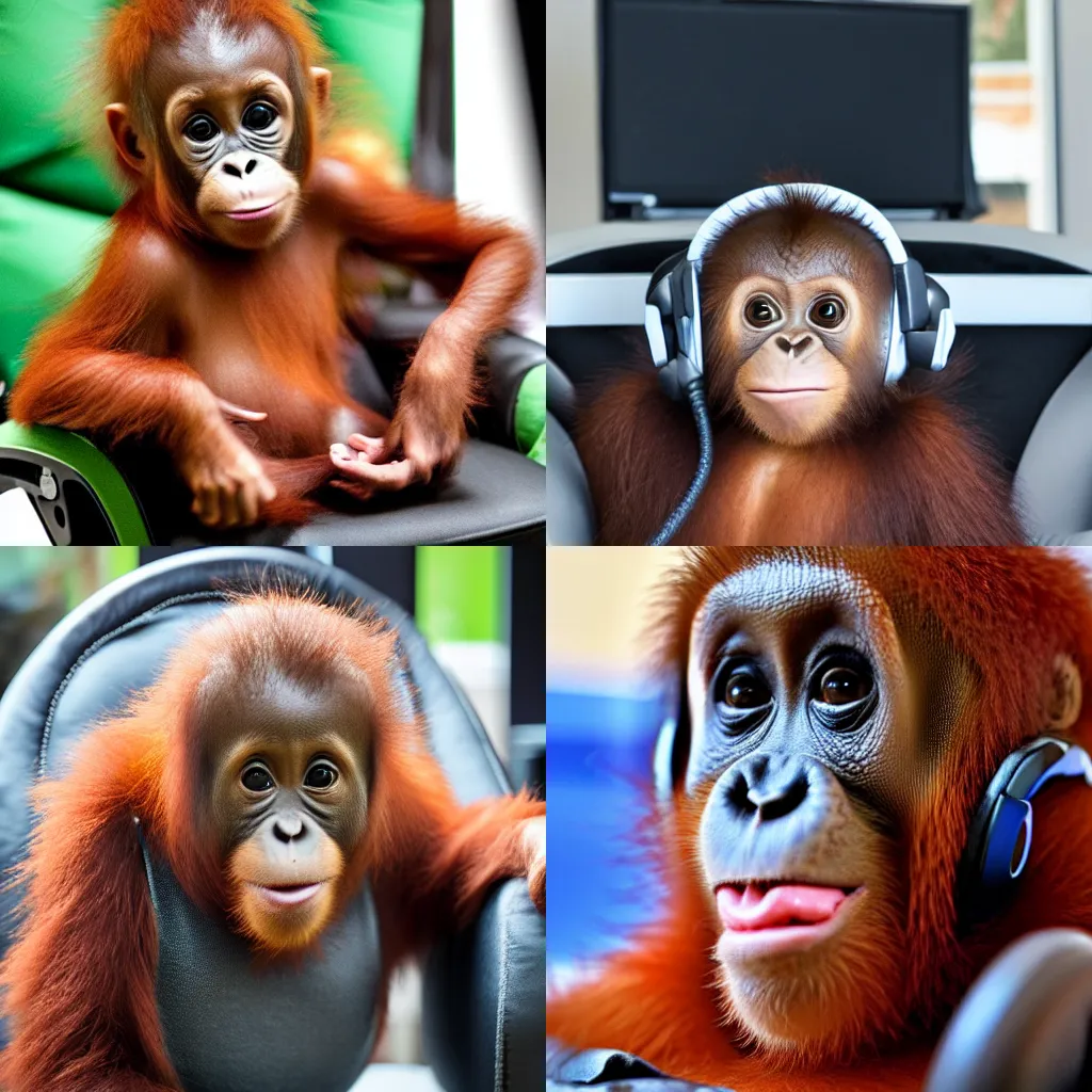 Prompt: A baby orangutan wearing a headset sat in a gaming chair