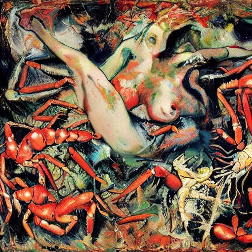 Image similar to Pasiphae by Jackson Pollock, meeting God, lobsters, coral, worms, larvae, Strawberry Jam by Animal Collective, realistic photograph of fruit