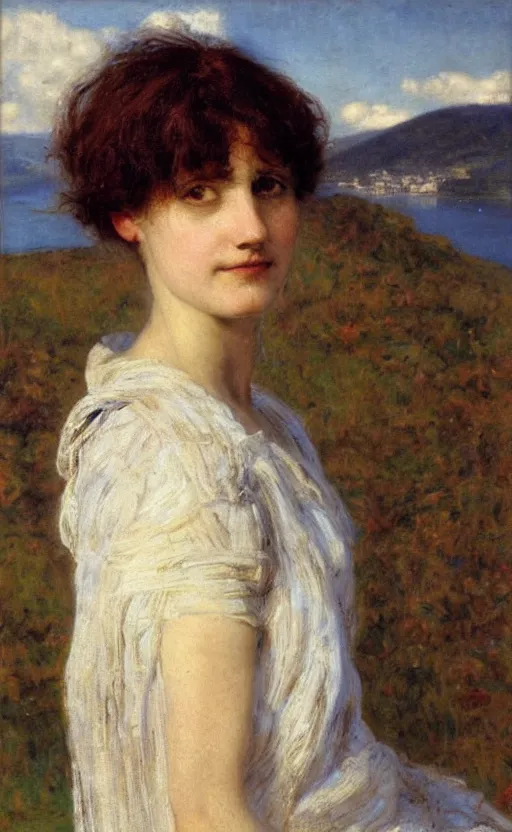 Image similar to oil portrait!!! by alma tadema of a woman looking at us, head slightly turned on the right, lake como!! in the background, short brown hair