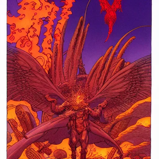 Prompt: vision of hell with winged demons flying over the flames, art by moebius