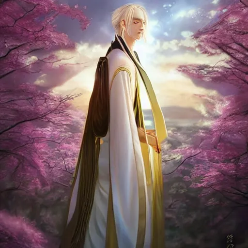 Prompt: a young beautiful prince, golden eyes, long black hair, white hanfu, elegant, intricate, backlit, incredible lighting, strong rim light, subsurface scattering, hyper realistic anime, beautiful landscape, cherry trees, highly detailed digital painting, by Heise Jinyao, Heise-Lian Yan Fang, Feimo, Rossdraws, Sakimichan HDRI, vivid colors, high contrast, unreal engine, cgsociety, octane render, trending on artstation, 8k