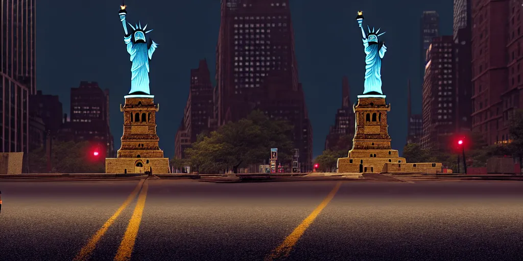 Image similar to a llama walking through a desolate manhattan city street at night, statue of liberty seen in the background, realistic 4 k octane beautifully detailed render, 4 k post - processing, highly detailed, detailed face, intricate complexity, epic composition, magical atmosphere, cinematic lighting, masterpiece, color picture, ultra hd