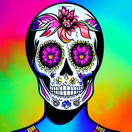 Prompt: high detail illustration, portrait of a sugar skull, backlight, atmospheric, vibrant colors, rule of thirds, trending on artstation