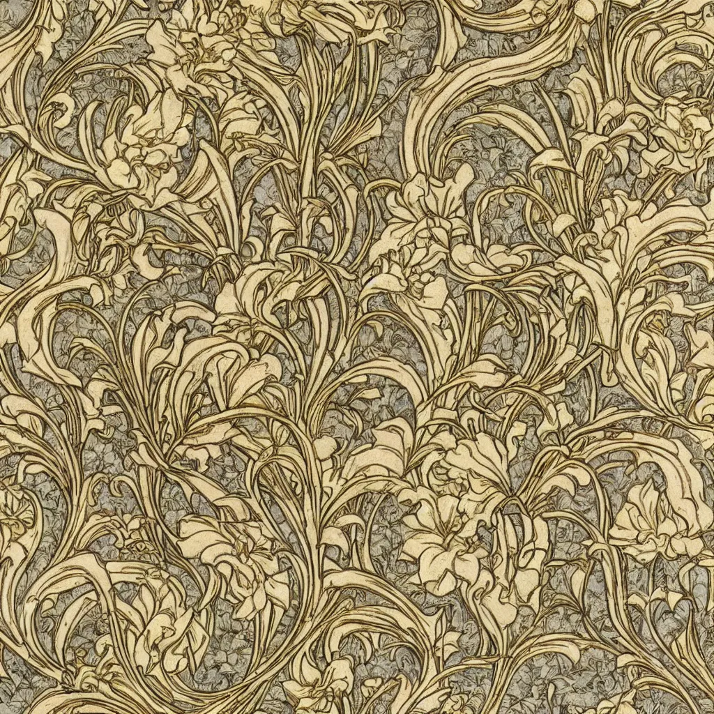 Image similar to a perfectly repeating Art Nouveau pattern, highly detailed by Walter Crane, rococo flowers, gold leaf detailing