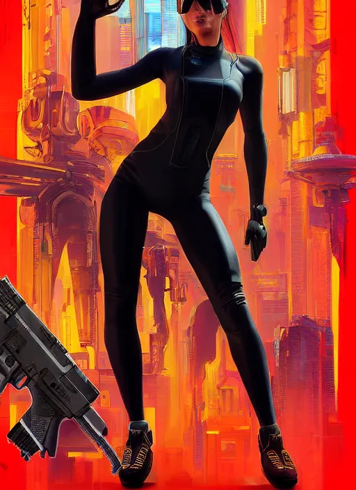 Prompt: beautiful cyberpunk female athlete wearing black jumpsuit and red jacket while firing a futuristic yellow belt fed automatic pistol. ad poster for pistol. cyberpunk poster by james gurney, azamat khairov, and alphonso mucha. artstationhq. gorgeous face. painting with vivid color, cell shading. ( rb 6 s, cyberpunk 2 0 7 7 )