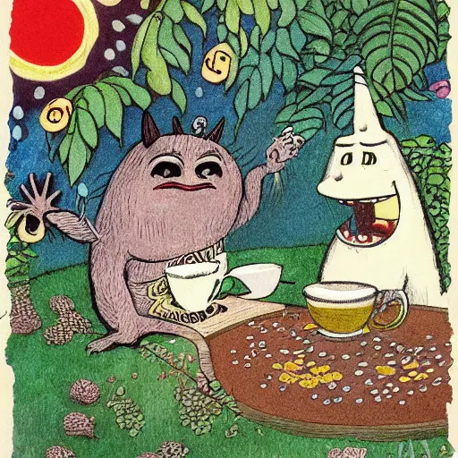 Prompt: highly detailed illustration of friendly monsters laughing and dancing around beautiful steaming cups of coffee, amongst coffee beans and flowers, and rainbows in the style of Japanese illustration, Maurice Sendak, Tove Jansson