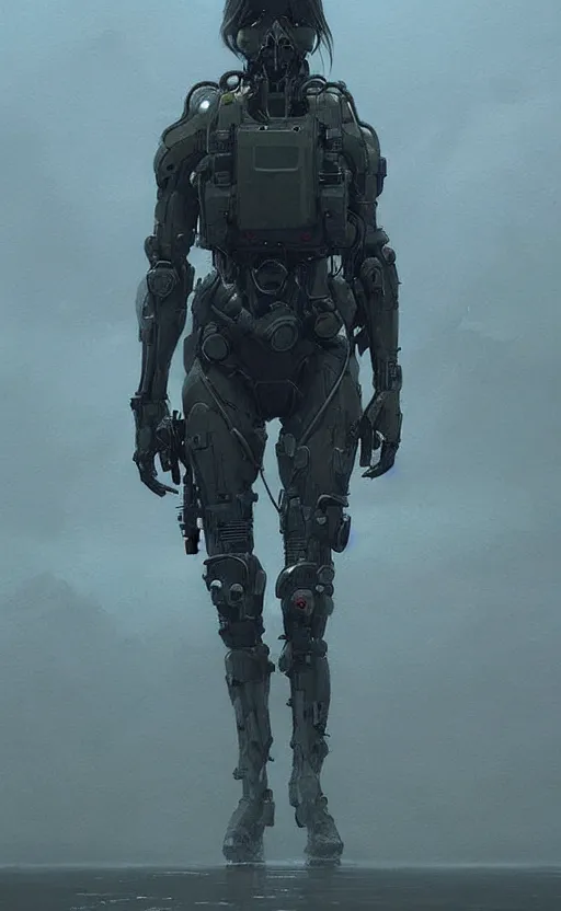 Image similar to death stranding landscape, anatomically correct human female figure wearing tactical gear in field facing forward, cinematic lighting, dark shadows, hyper detailed, digital painting by greg rutkowski and simon stalenhag, artstation, cgsociety, intricate, concept art