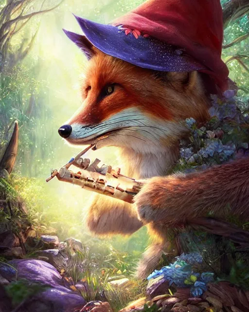 Image similar to Fox playing Flute in magical forest, portrait, wearing hat, magical notes, fairy atmosphere, magic the gathering artwork, D&D, fantasy, cinematic lighting, centered, symmetrical, highly detailed, digital painting, artstation, concept art, smooth, sharp focus, illustration, volumetric lighting, epic Composition, 8k, art by Akihiko Yoshida and Greg Rutkowski and Craig Mullins, oil painting, cgsociety