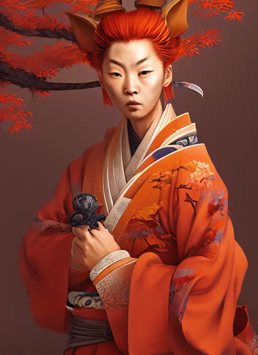 Image similar to kitsune samurai in autumn color kimono, subsurface scattering, by jesper ejsing, justin gerard, tomasz alen kopera, cgsociety and fenghua zhong, highly detailed, rim light, cinematic lighting, illustration, art, octane render, very coherent, cinematic, hyper realism, high detail, octane render, 8 k