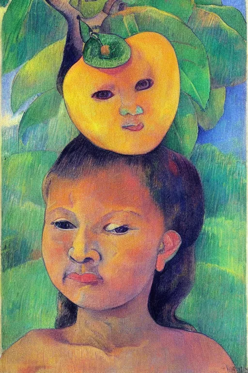 Image similar to “ cute mango girl portrait drawn by paul gauguin ”