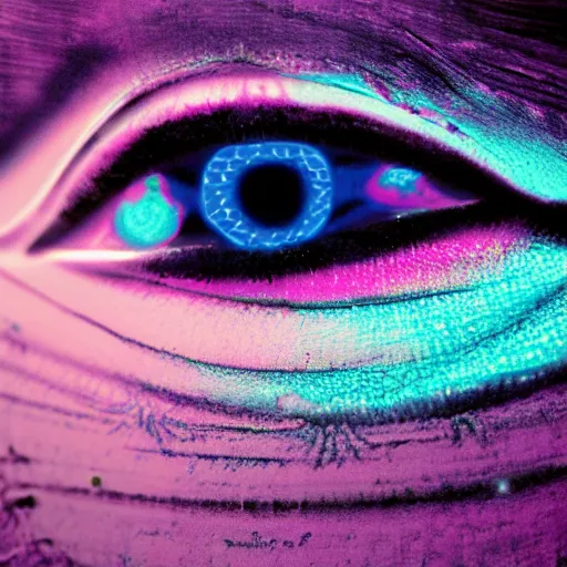 Prompt: close up of glowing, neon blue eyes with fractal patterns