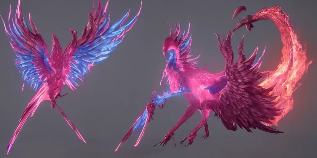 Image similar to pink and blue flaming phoenix, unreal engine 5, intricate, detailed, realistic