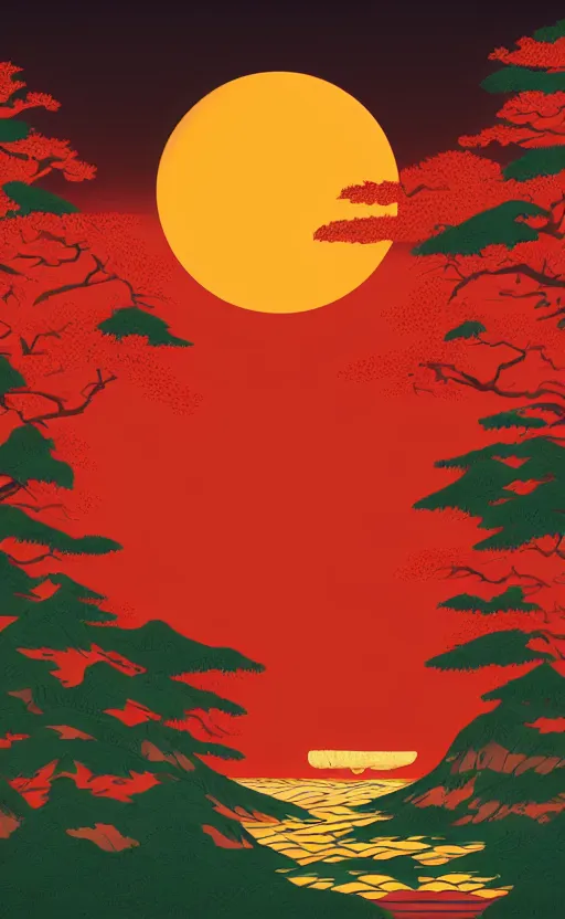 Prompt: hanafuda, portrait of a red charm and a lake in the middle of japanese pines, a big red sun in the background, front game card, vector line art, trending on artstation, concept art, stunning, matte