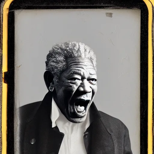 Image similar to a daguerreotype of morgan freeman screaming