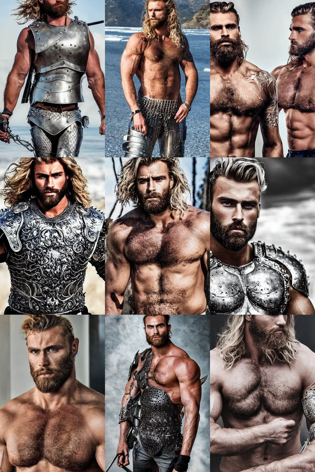 Prompt: beautiful gigachad with slick blonde beard, wavy hair, huge glistening muscles, many scars, wearing intricate silver armour. hollywood action movie still.