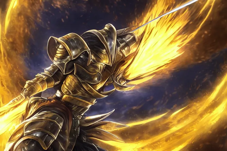 Image similar to an ultra detailed portrait of saladin as a shonen anime protagonist charging into battle wearing bright gold armor and huge flaming longsword blessed by god, epic anime fantasy, 8 k, volumetric lighting, smooth, highly detailed, digital illustration, art by kentaro miura and akira toriyama and artgerm