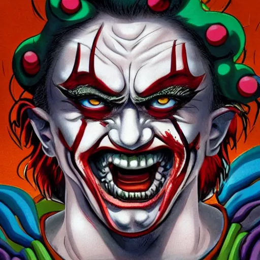 Prompt: 4K headshot of godlike clown with defined arms and open hands and bloody clothes with giant mandala wings , intricate clown face make-up , flawless anime cel animation by Kentaro Miura, psychedelic , highly detailed upper body , professionally post-processed , beautiful, scary, symmetry accurate features, epic, octane rendered, anime masterpiece, accurate