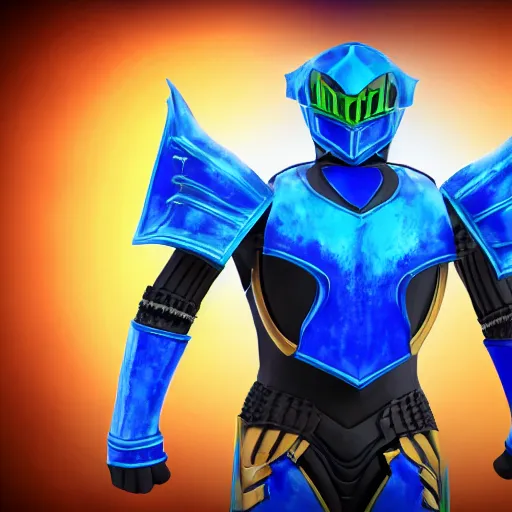 Prompt: High Fantasy Kamen Rider, blue armor with red secondary color, 4k, glowing eyes, daytime, grid textured armor plating, rubber suit, dragon inspired armor