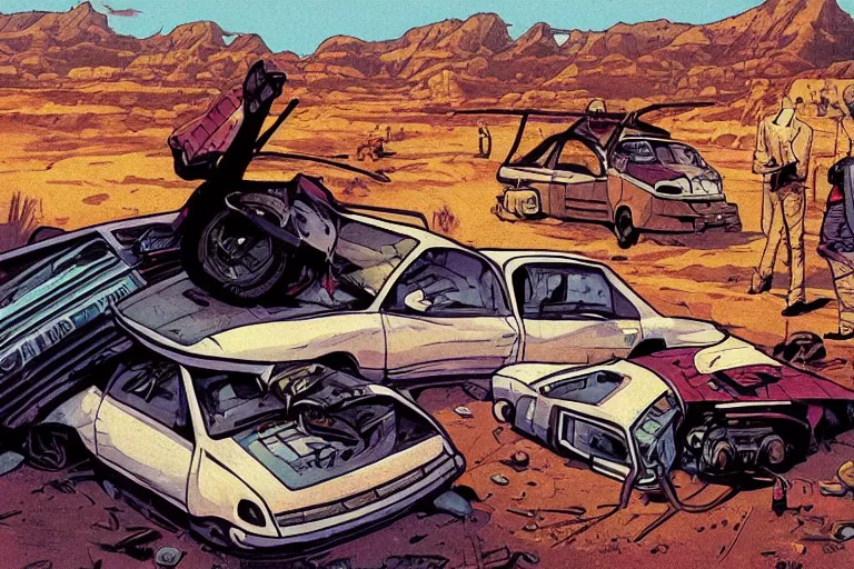 Image similar to a van has crashed and rolled over in the badlands. it's shipment has spilled out. art in the style of vincent di fate's cyberpunk 2 0 2 0.