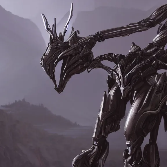 Image similar to extremely detailed cinematic low ground shot of a giant 1000 meter tall beautiful stunning female warframe goddess, that's an anthropomorphic hot robot mecha female dragon, silver sharp streamlined armor, detailed head, sharp claws, glowing Purple LED eyes, sitting cutely on a mountain in the background, a tiny forest with a village in the foreground, fog rolling in, dragon art, warframe fanart, Destiny fanart, micro art, macro art, giantess art, fantasy, goddess art, furry art, furaffinity, high quality 3D realism, DeviantArt, Eka's Portal, HD, depth of field