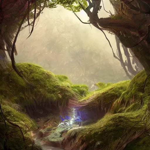 Image similar to a civilisation within a mysterious land where magical root bridges by gargi roy, concept art, artstation