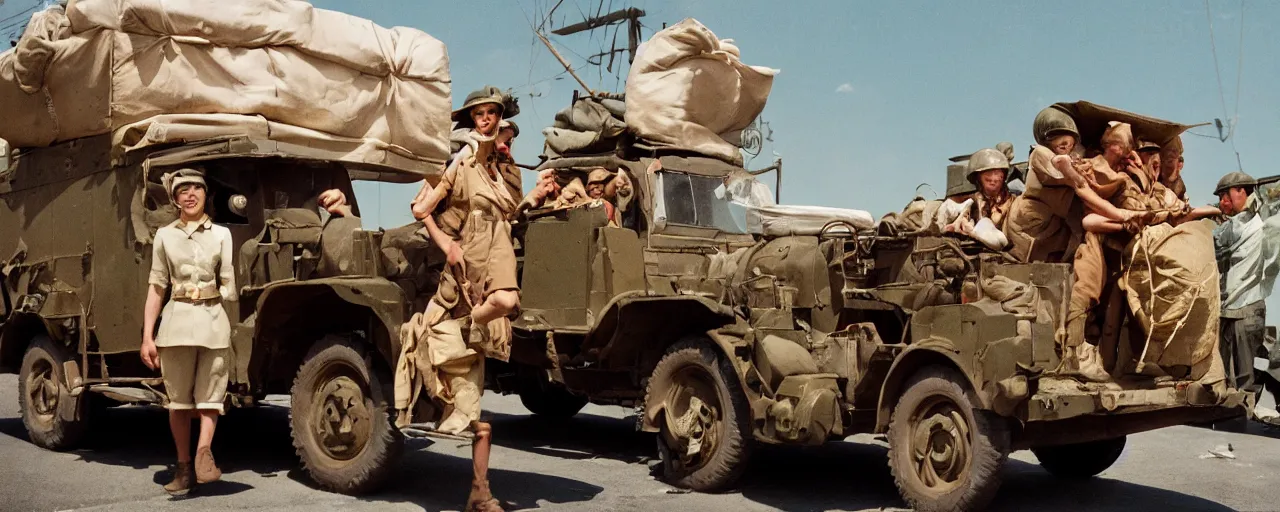 Image similar to transporting spaghetti, world war 2, u. s. army, canon 5 0 mm, kodachrome, in the style of wes anderson, retro