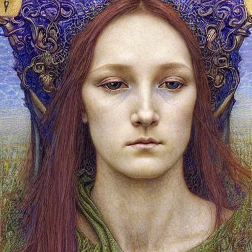 Image similar to detailed realistic beautiful young medieval queen face portrait by jean delville, michael kaluta and marco mazzoni, art nouveau, symbolist, visionary, gothic, pre - raphaelite