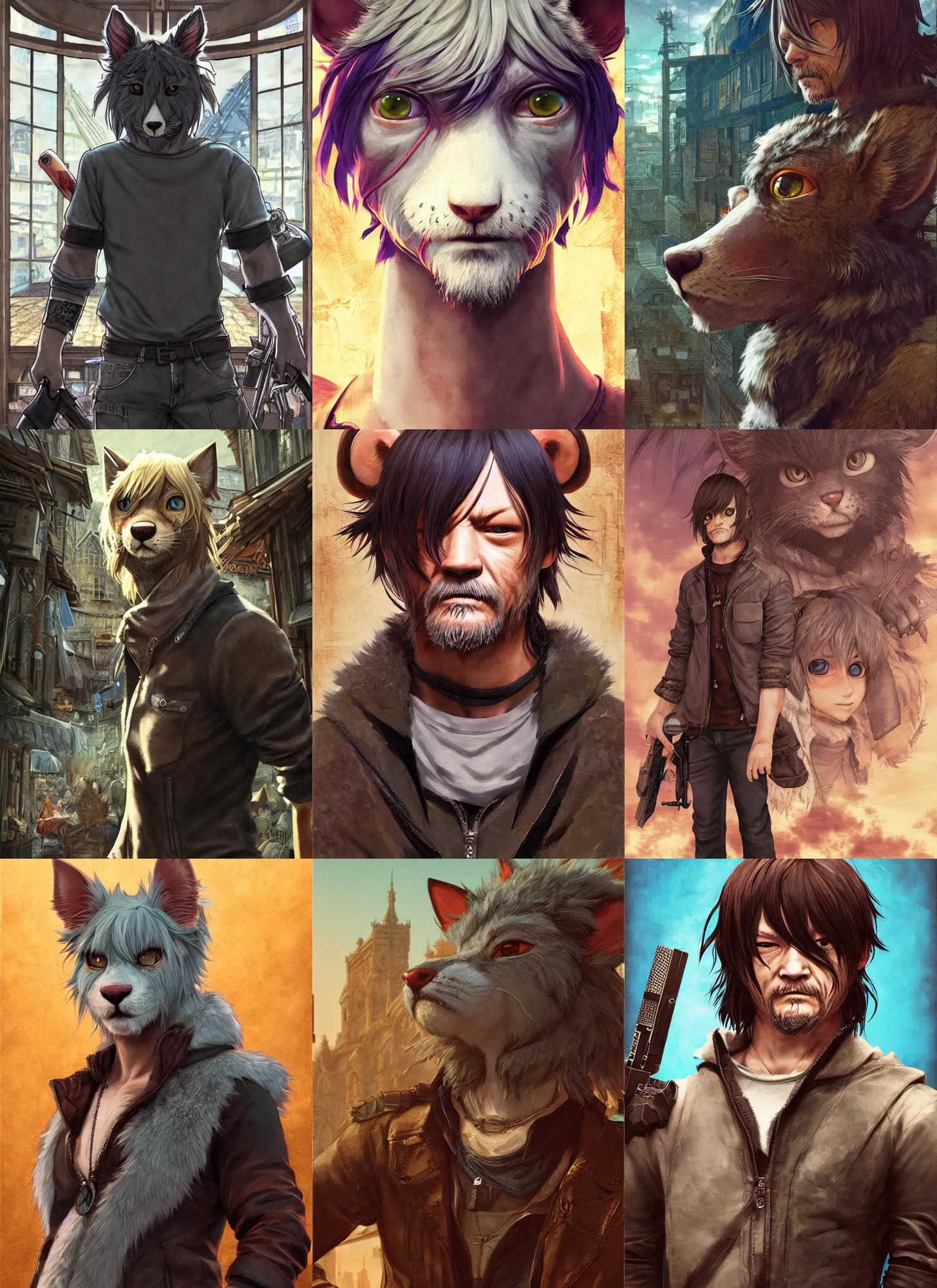Prompt: character furry fursona portrait of norman reedus with gorgeous detailed eyes in the marketplace in the sky, color page, tankoban, 4 k, tone mapping, doll, akihiko yoshida, james jean andrei riabovitchev marc simonetti, yoshitaka amano, h. hydrochaeris