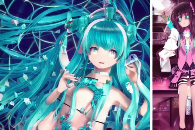 Image similar to fractal hatsune miku playing huniepop, romance novel cover, cookbook photo, in 1 9 9 5, y 2 k cybercore, industrial photography, still from a ridley scott movie