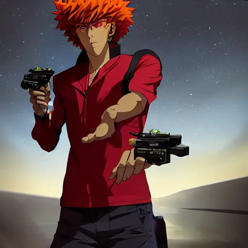 Prompt: , hyperrealistic spike from anime cowboy bebop holding two handguns looking into the distance of space, spike in on top of his red spaceship and he is looking over a dystopian cyber city on Mars art, physically accurate, dynamic lighting, intricate, elegant, highly detailed, very very Roberto Ferri, sharp focus, very very unsettling, very terrifying, illustration, wideshot,