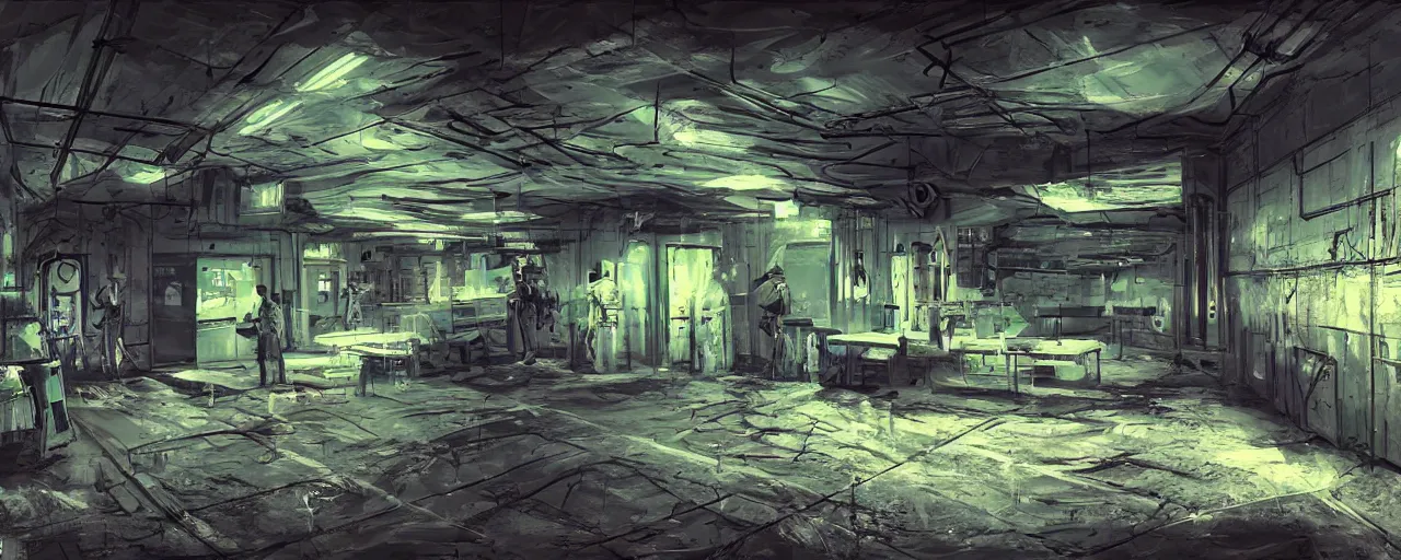 Image similar to inside of a military spionage bunker, neon lights, much details, very realistic, concept art, 8k