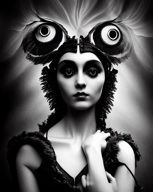 Prompt: surreal mythical dreamy dark artistic black and white fine art 3 / 4 fashion portrait photo of a young beautiful delicate female robot - owl with orchid - doll face, rim light, cinematic, studio dramatic light, poetic, masterpiece, octane render, 8 k, photo - realistic by gustave dore hg giger tamara de lempika