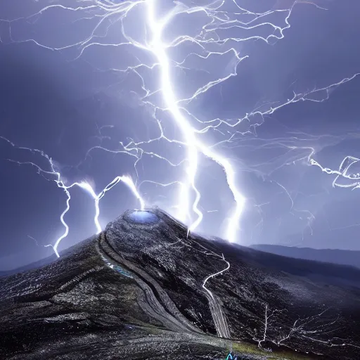 Image similar to two spinning tops clashing atop a mountain, sparks, lightning storm, dramatic lighting, digital art, 8 k, trending on artstation,