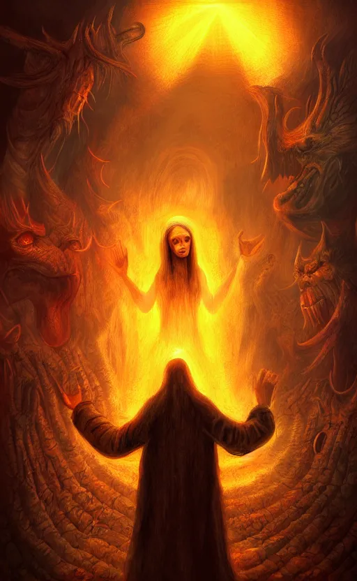 Image similar to Meeting God in Hell, digital art, trending on art station