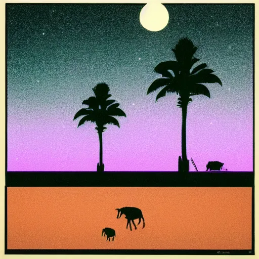 Image similar to ufo and aliens abducting cows from the distance in far pastures during summer night with palm trees. by patrick nagel, minimalist lighting, 1 0 0 0 mm. purple and green gammas.