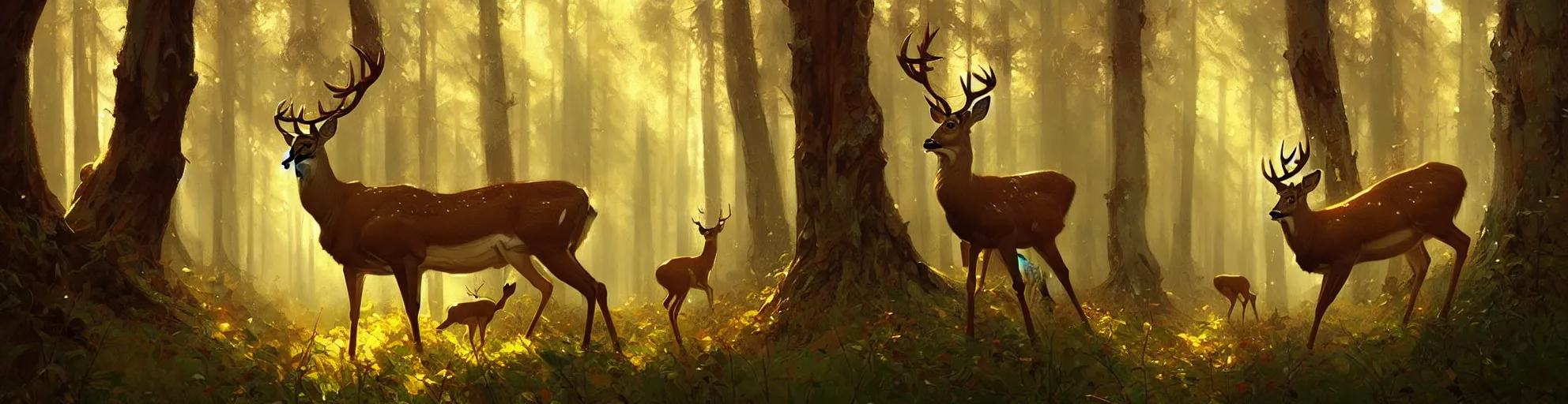 Image similar to Deer in Sherwood Forest, full frame, highly detailed, digital painting, artstation, concept art, smooth, sharp focus, illustration, art greg rutkowski and alphonse mucha