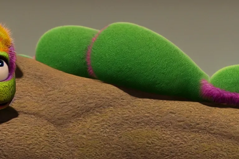 Image similar to disney pixar's a bug's life, cgi caterpillar colorful, furry caterpillar