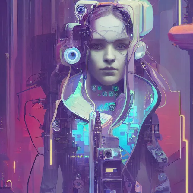 Prompt: a beautiful portrait painting of a ( cyberpunk ) beautiful nordic girl by simon stalenhag and pascal blanche and alphonse mucha!! and nekro!. in style of digital art. colorful comic, film noirs, symmetry, vibrating colors, hyper detailed. octane render. trending on artstation