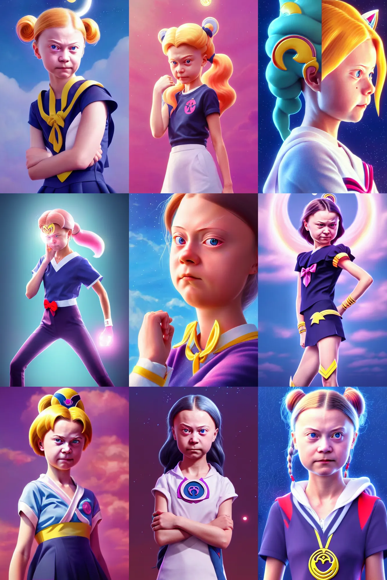 Prompt: Greta Thunberg transforming into Sailor Moon, ultrarealistic and highly detailed, sharp focus and octane render for smooth appearance, 8k, volumetric lighting, digital art by Ilya Kuvshinov