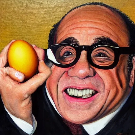 Prompt: a painting of danny devito holding an egg