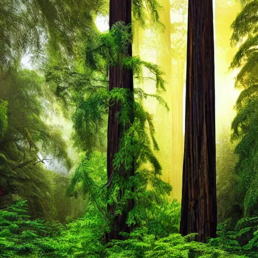 Prompt: digital oil magical lush landscape. vibrant. sprawling redwoods.